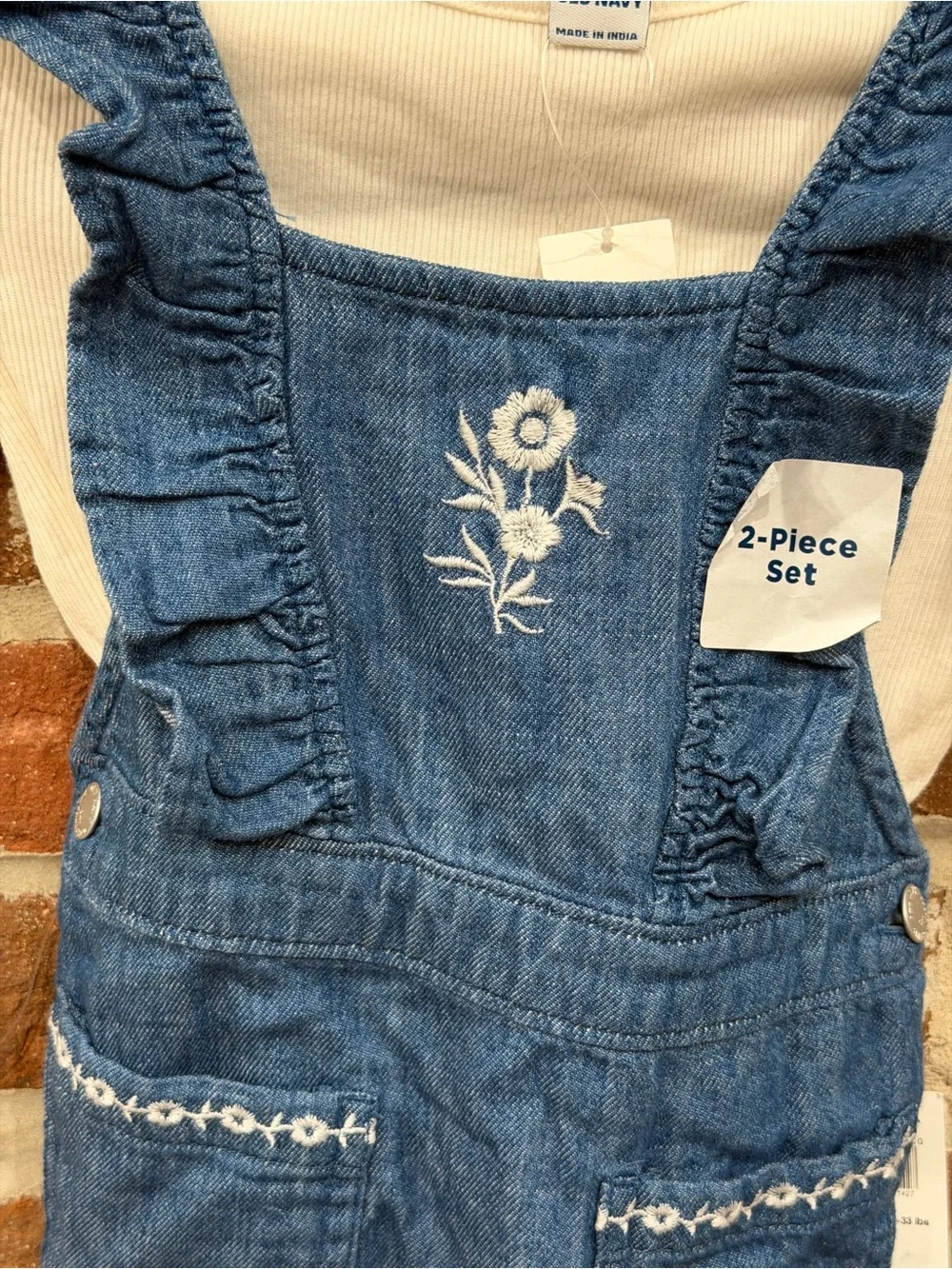 Old Navy Cream Top with Blue Denim Ruffle Overalls Set